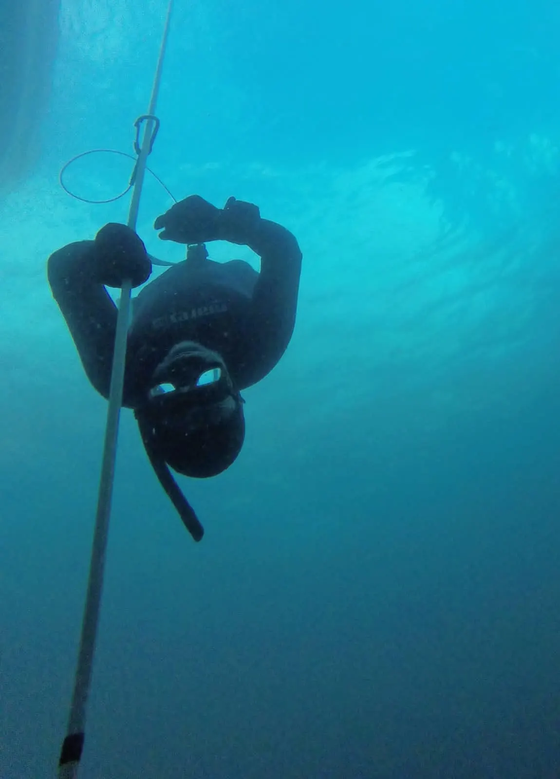 Apneísta descendiendo junto al cabo en aguas azules